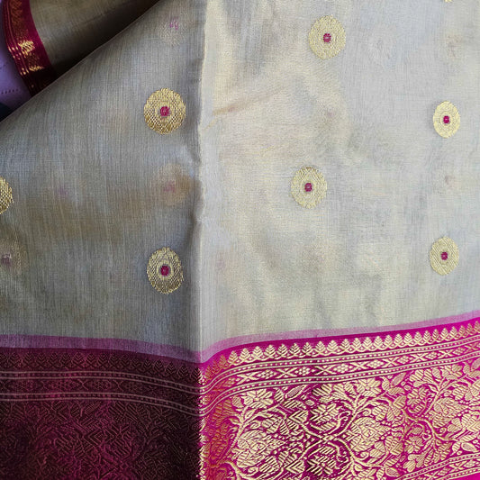 Gold and Hot Pink Tissue Chanderi saree