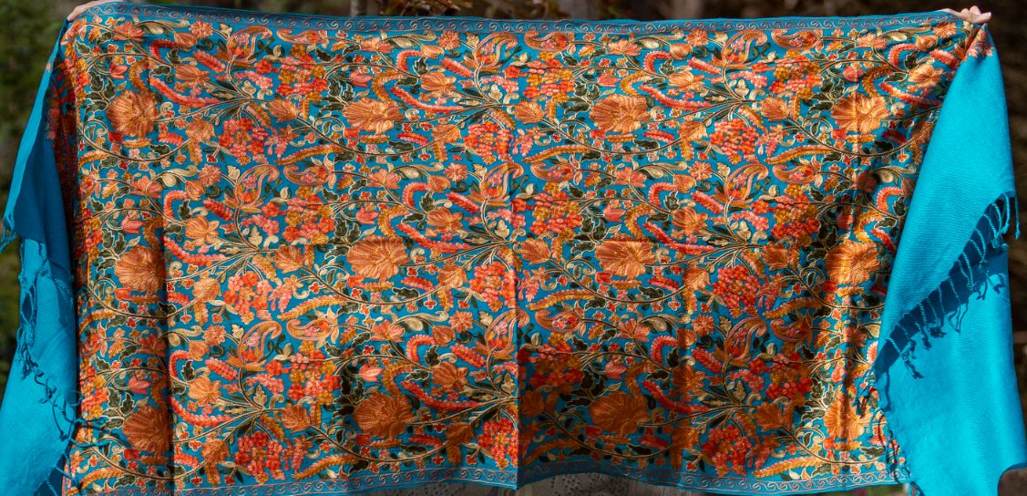 Hand-Embroidered Turquoise Tusha Shawl
