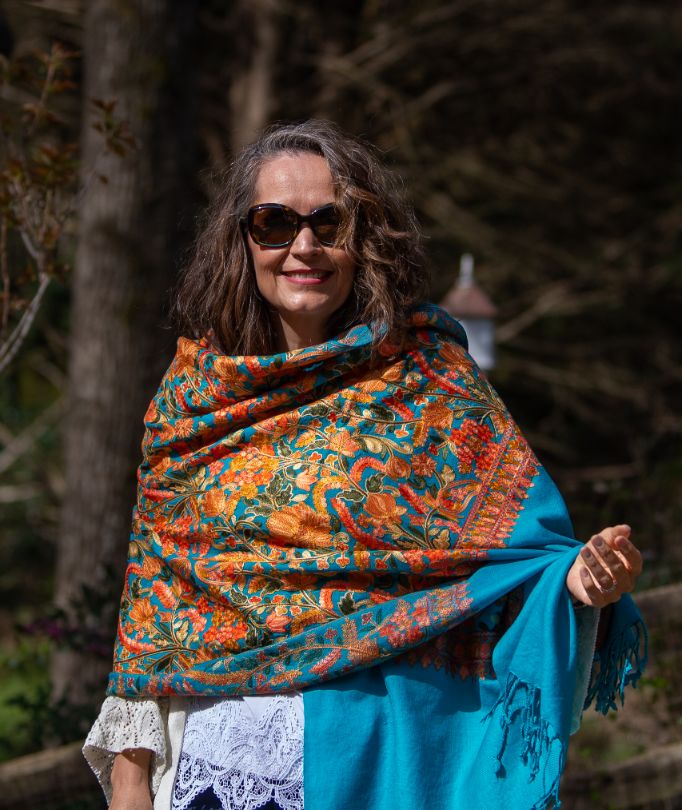 Hand-Embroidered Turquoise Tusha Shawl
