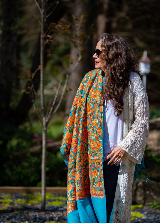 Hand-Embroidered Turquoise Tusha Shawl