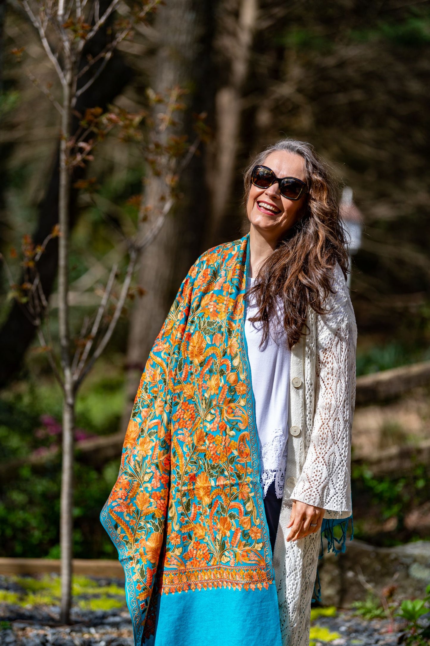 Hand-Embroidered Turquoise Tusha Shawl